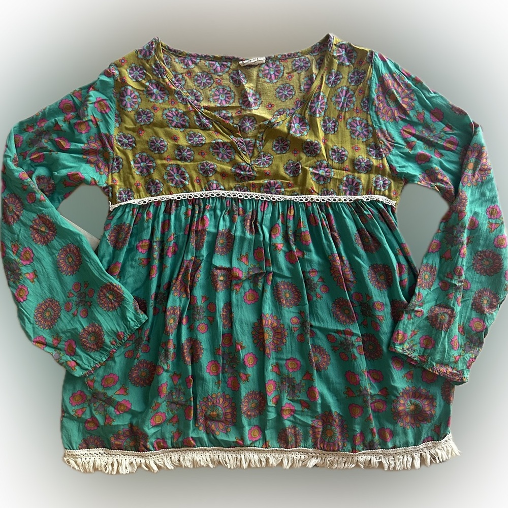 Natural Life Live Happy Shirt Womens Small Medium Green Boho Floral Fringe Tunic